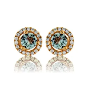 Round Aquamarine and Diamond Halo Stud Earrings
