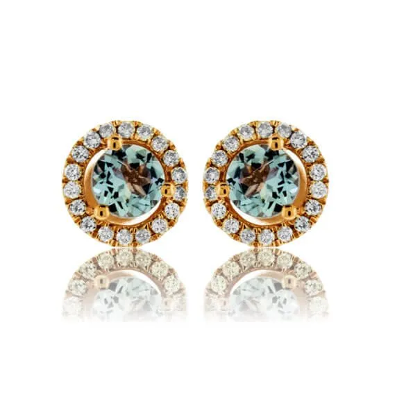 Round Aquamarine and Diamond Halo Stud Earrings