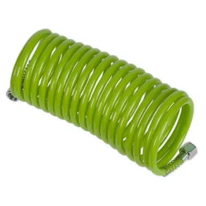 Sealey Hi-Vis Green 5m x Ø5mm Coiled Air Hose With 1/4" Female Couplers Recoil