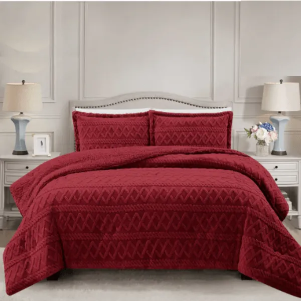 Simon Baker Brooklyn Luxury Jacquard Comforter Set With Sherpa Queen Burgundy