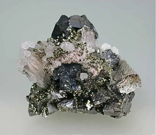 SOLD Pyrite on Arsenopyrite with Sphalerite and Quartz, Trepca Complex near Mitrovica, Kosovska Municipality, Kosovo, Mined 2014, Miniature 3.5 x 4.5 x 5.0 cm, $50.  Online 11/13/14.