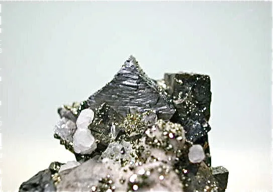 SOLD Pyrite on Arsenopyrite with Sphalerite and Quartz, Trepca Complex near Mitrovica, Kosovska Municipality, Kosovo, Mined 2014, Miniature 3.5 x 4.5 x 5.0 cm, $50.  Online 11/13/14.