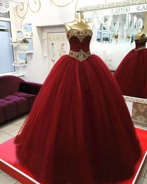 Sparkly 2018 Quinceanera Dresses Burgundy Strapless Tulle Ball Gown Sweet 16 Dress Fashion