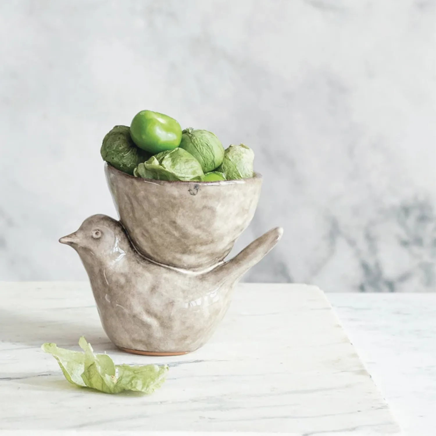 Stoneware Bird w/ Bowl, Cream Color