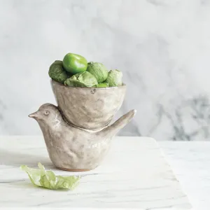 Stoneware Bird w/ Bowl, Cream Color