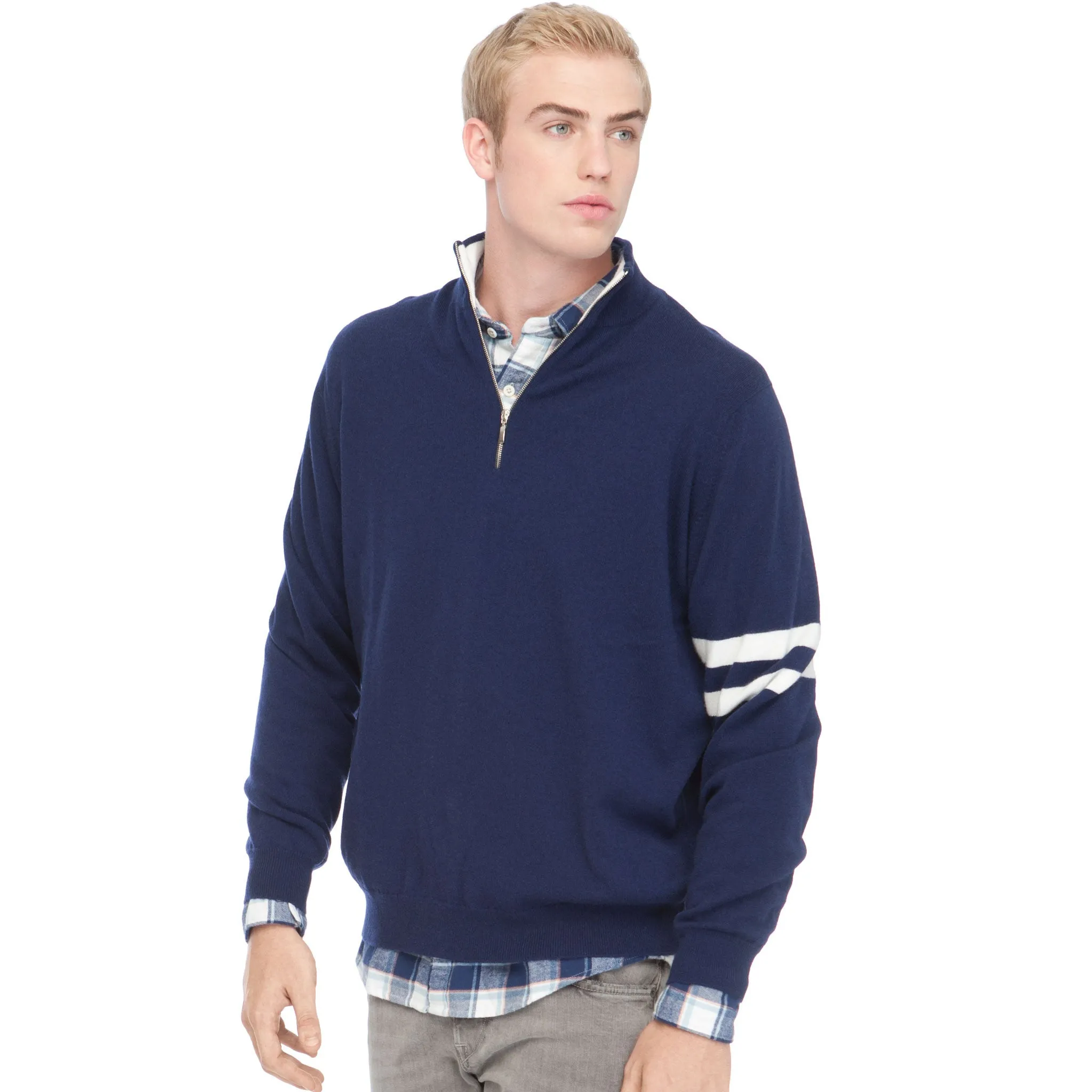 STRIPE SLEEVE QUARTER ZIP SWEATER