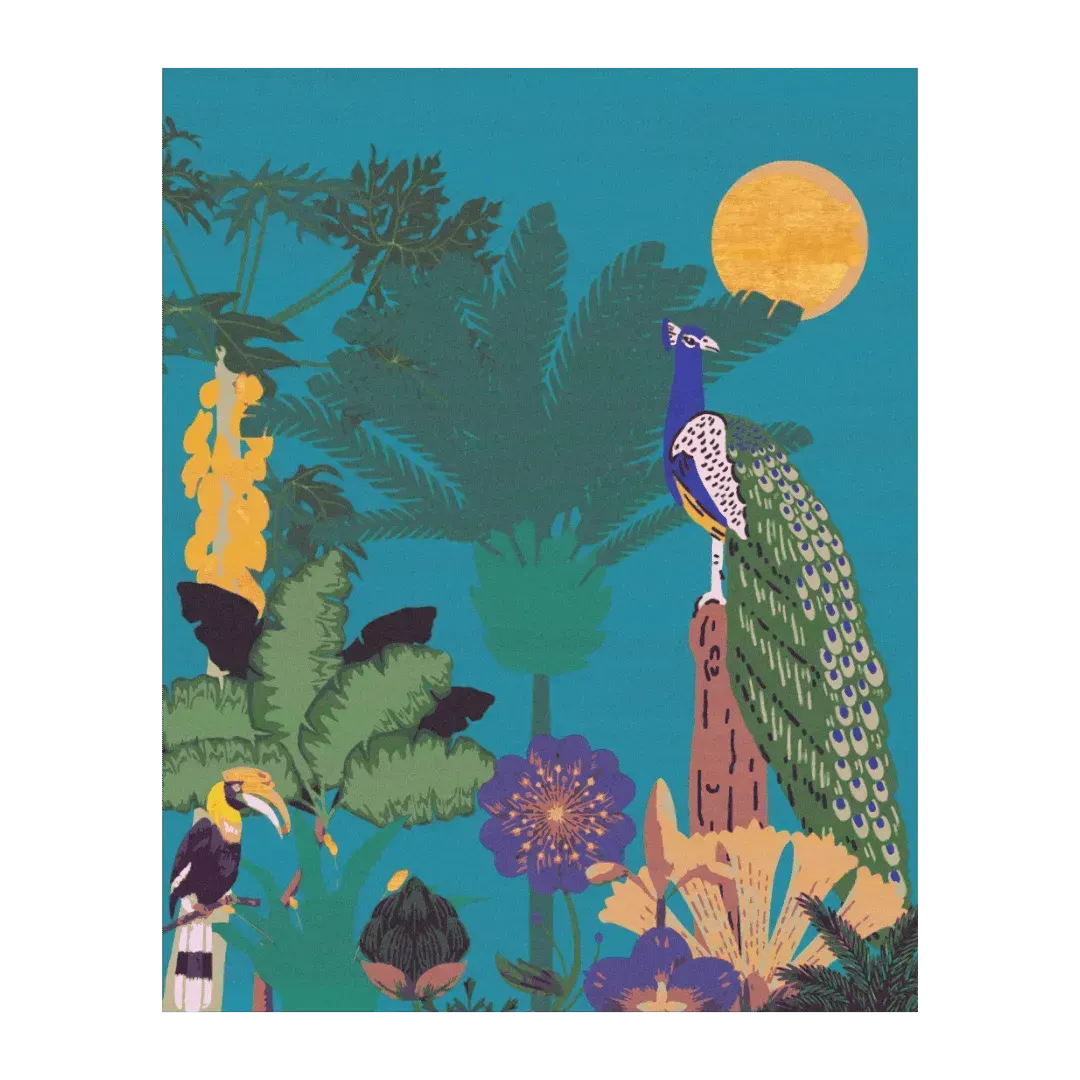Sunlit Jungle Symphony Peacock Hand Tufted Rug - Blue