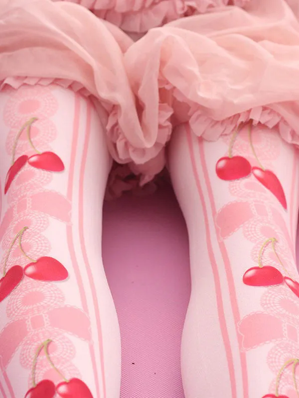 Sweet Lolita Stockings Pink Velvet Cherry Printed Lolita Knee High Socks