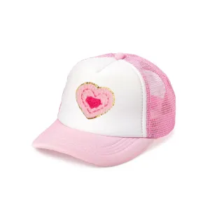 Sweet Wink Multi Heart Patch Trucker Hat - Pink/White