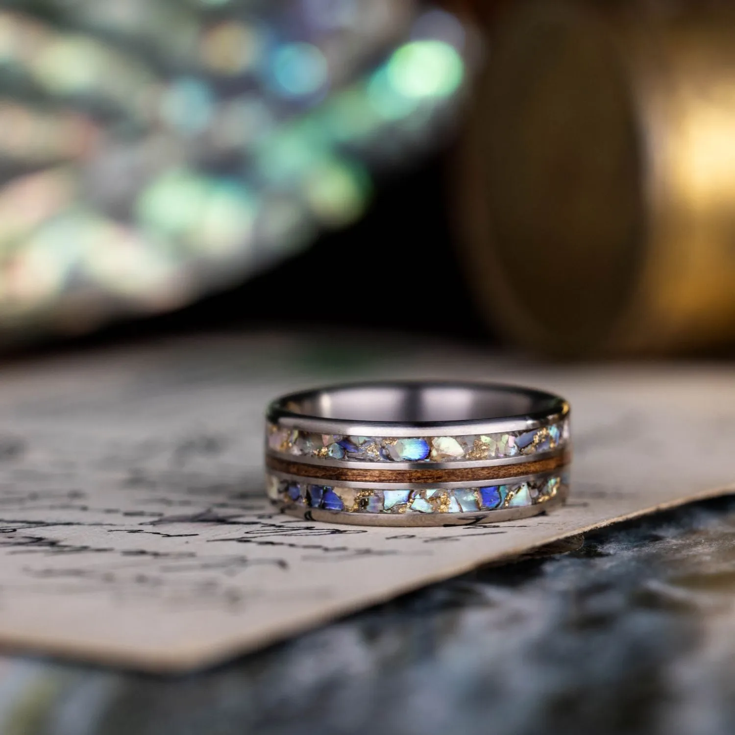 The Shield | Men's Titanium Wedding Band with Hawaiian Koa, Abalone Shell & Gold Flakes