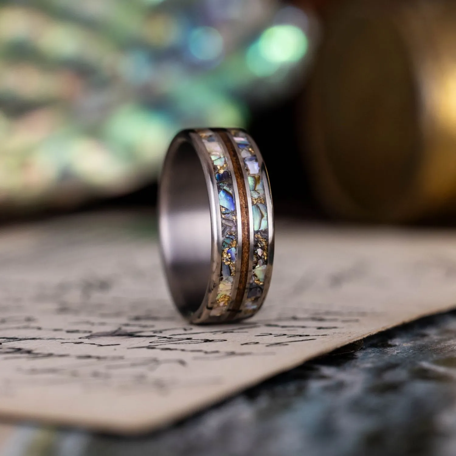 The Shield | Men's Titanium Wedding Band with Hawaiian Koa, Abalone Shell & Gold Flakes