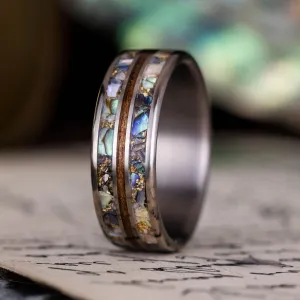 The Shield | Men's Titanium Wedding Band with Hawaiian Koa, Abalone Shell & Gold Flakes