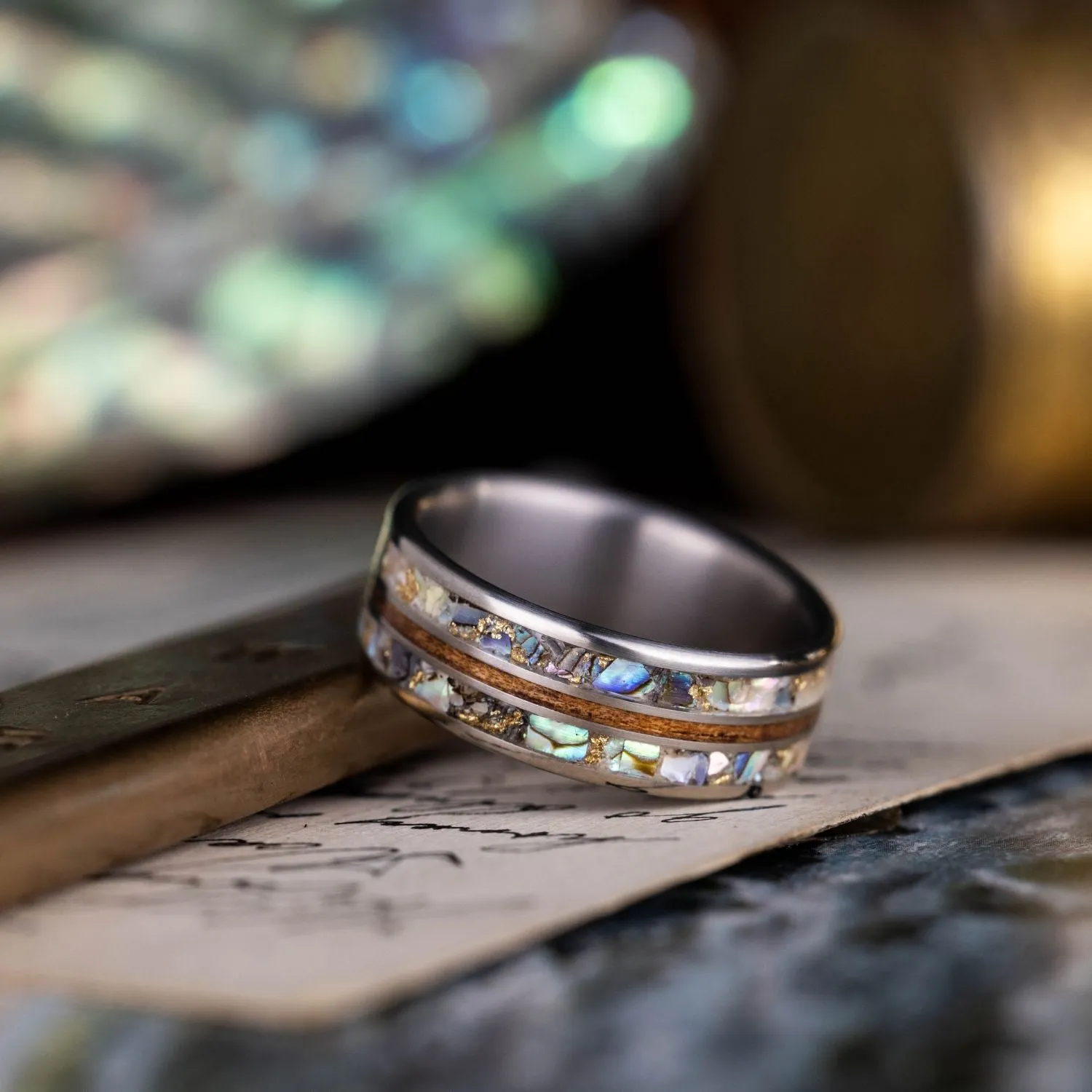 The Shield | Men's Titanium Wedding Band with Hawaiian Koa, Abalone Shell & Gold Flakes