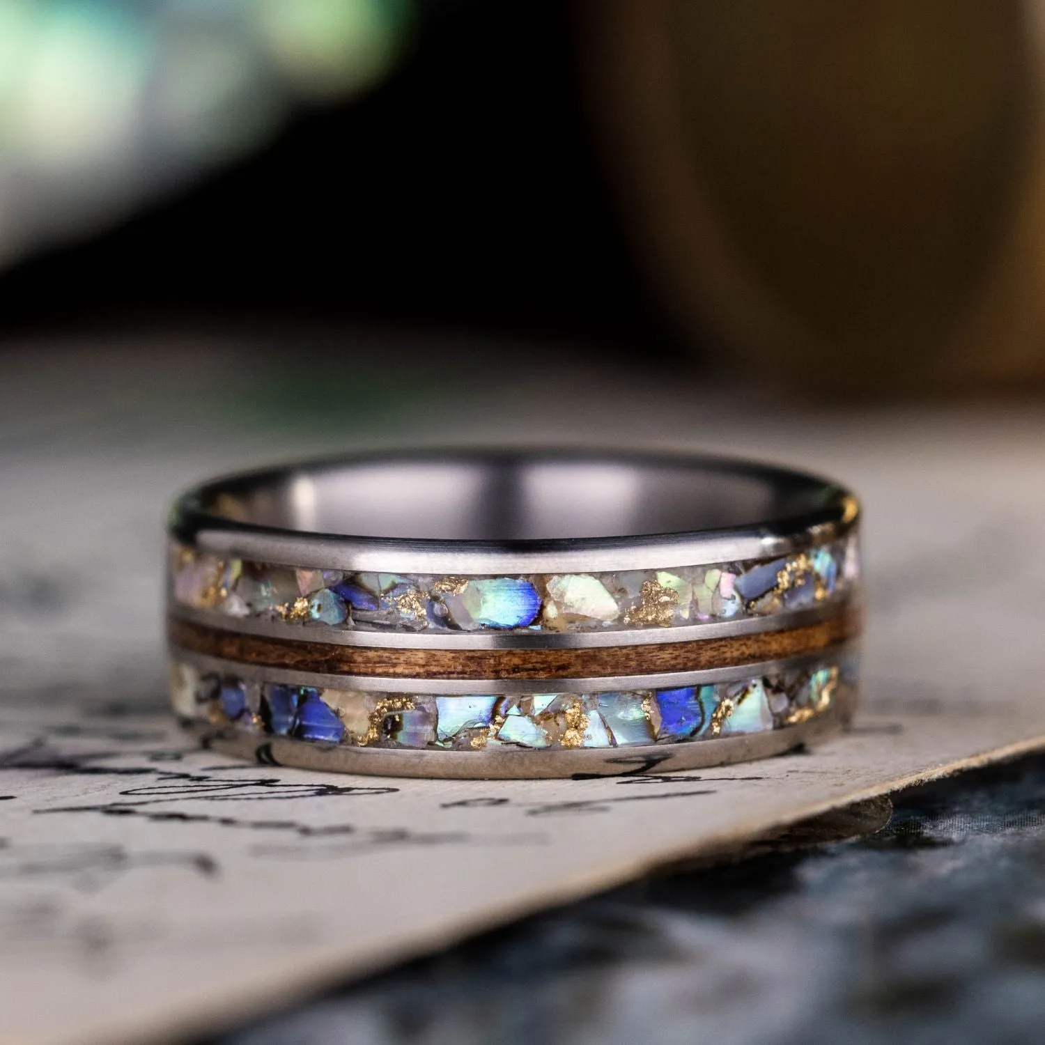 The Shield | Men's Titanium Wedding Band with Hawaiian Koa, Abalone Shell & Gold Flakes