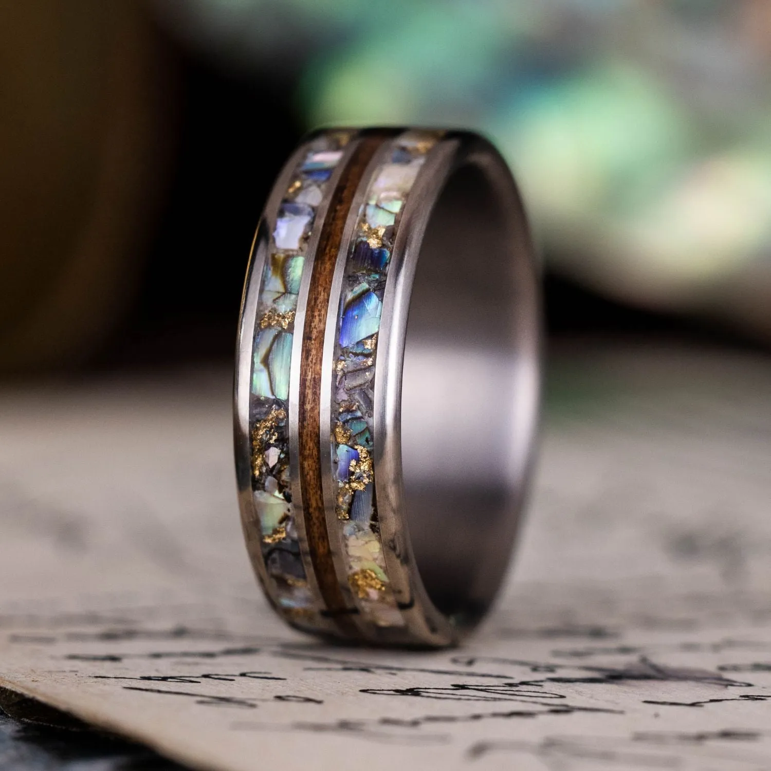 The Shield | Men's Titanium Wedding Band with Hawaiian Koa, Abalone Shell & Gold Flakes