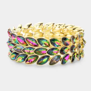 Three Row Multi-Color Crystal Marquise Stone Cluster Stretch Pageant Bracelet on Gold | Prom Bracelet | 506912