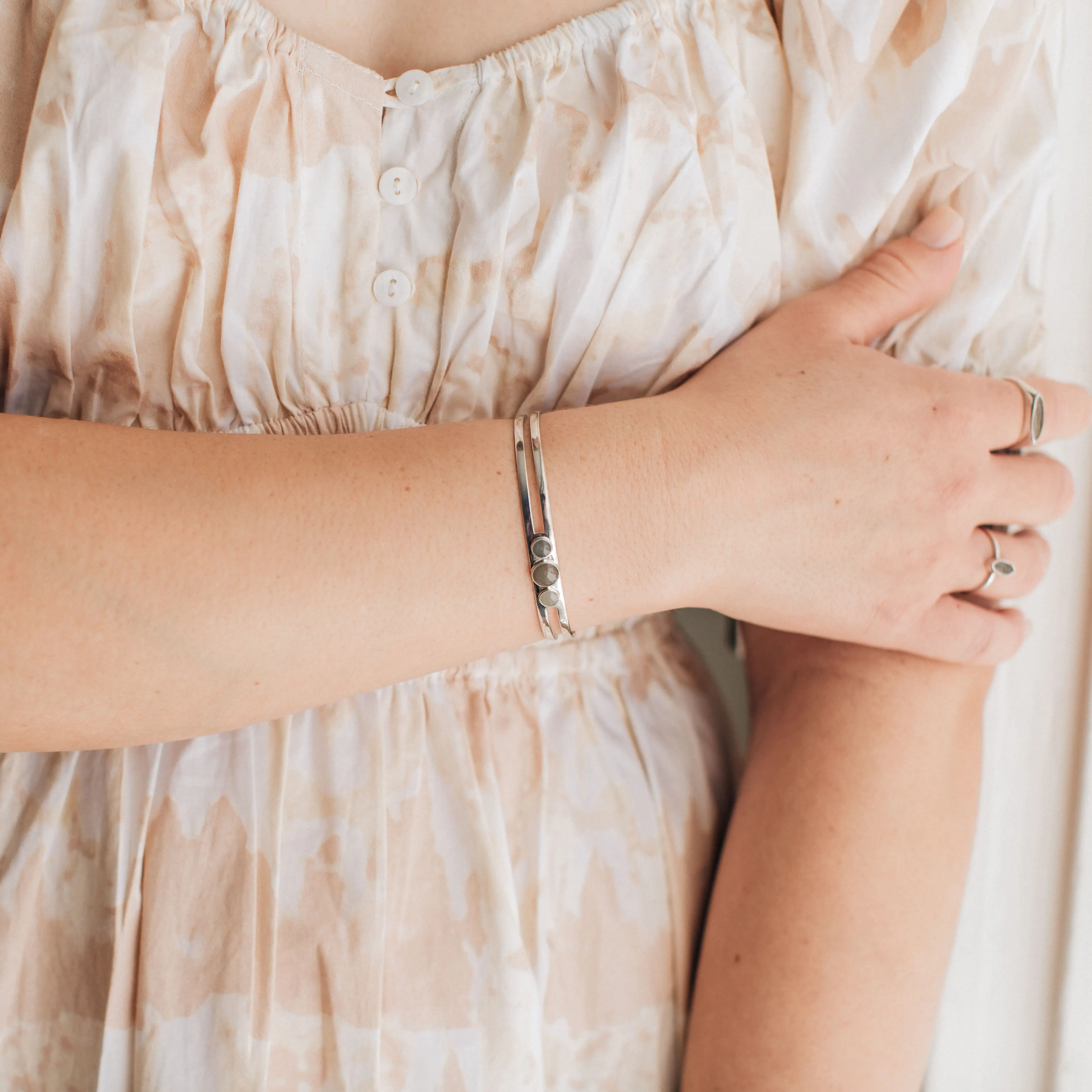Three Setting Cuff Cremation Bracelet in Sterling Silver