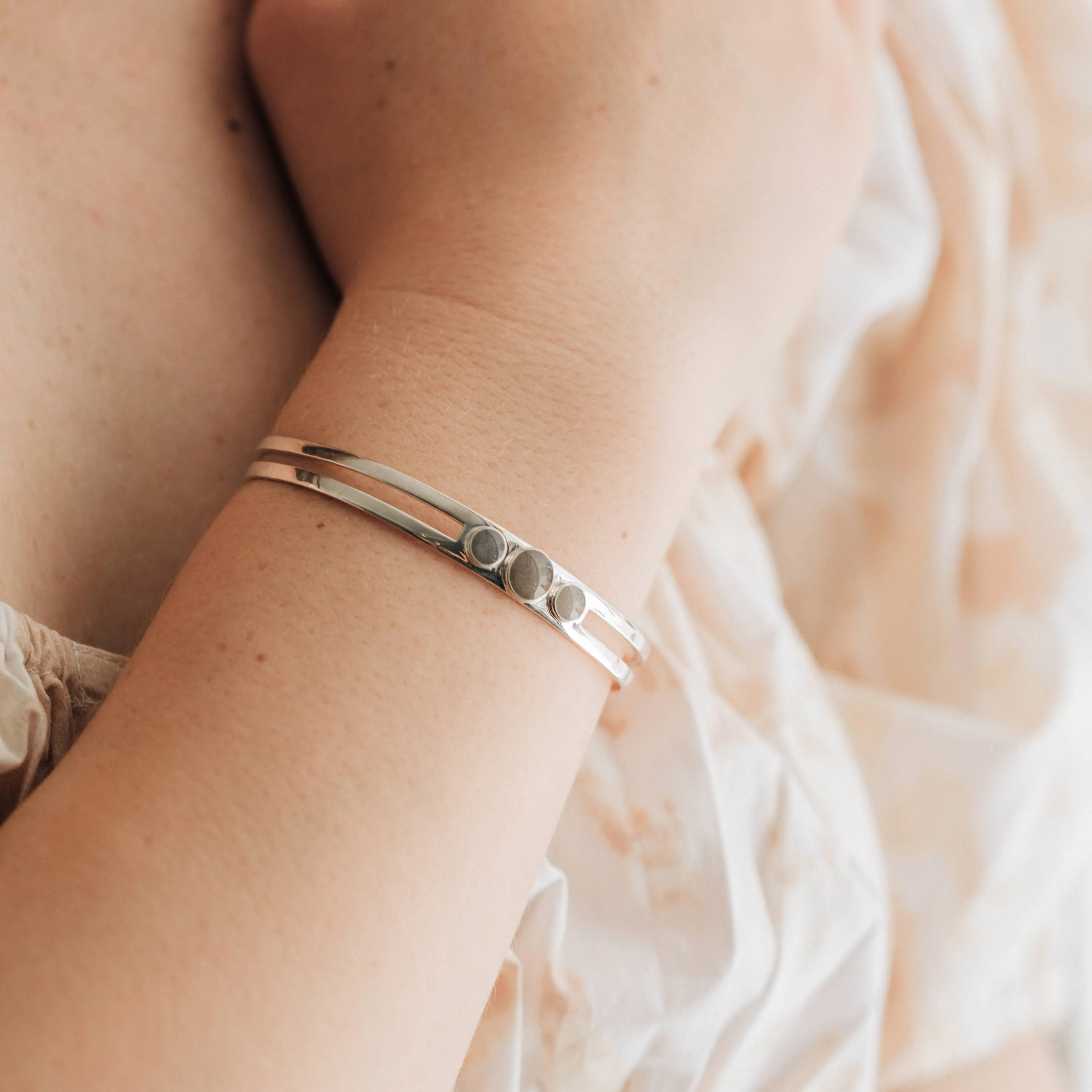 Three Setting Cuff Cremation Bracelet in Sterling Silver
