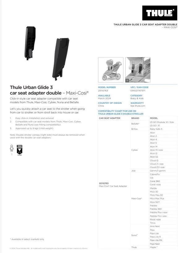 Thule Urban Glide 3 Double Maxi-Cosi/Nuna/Cybex Car Seat Adapter (Single)