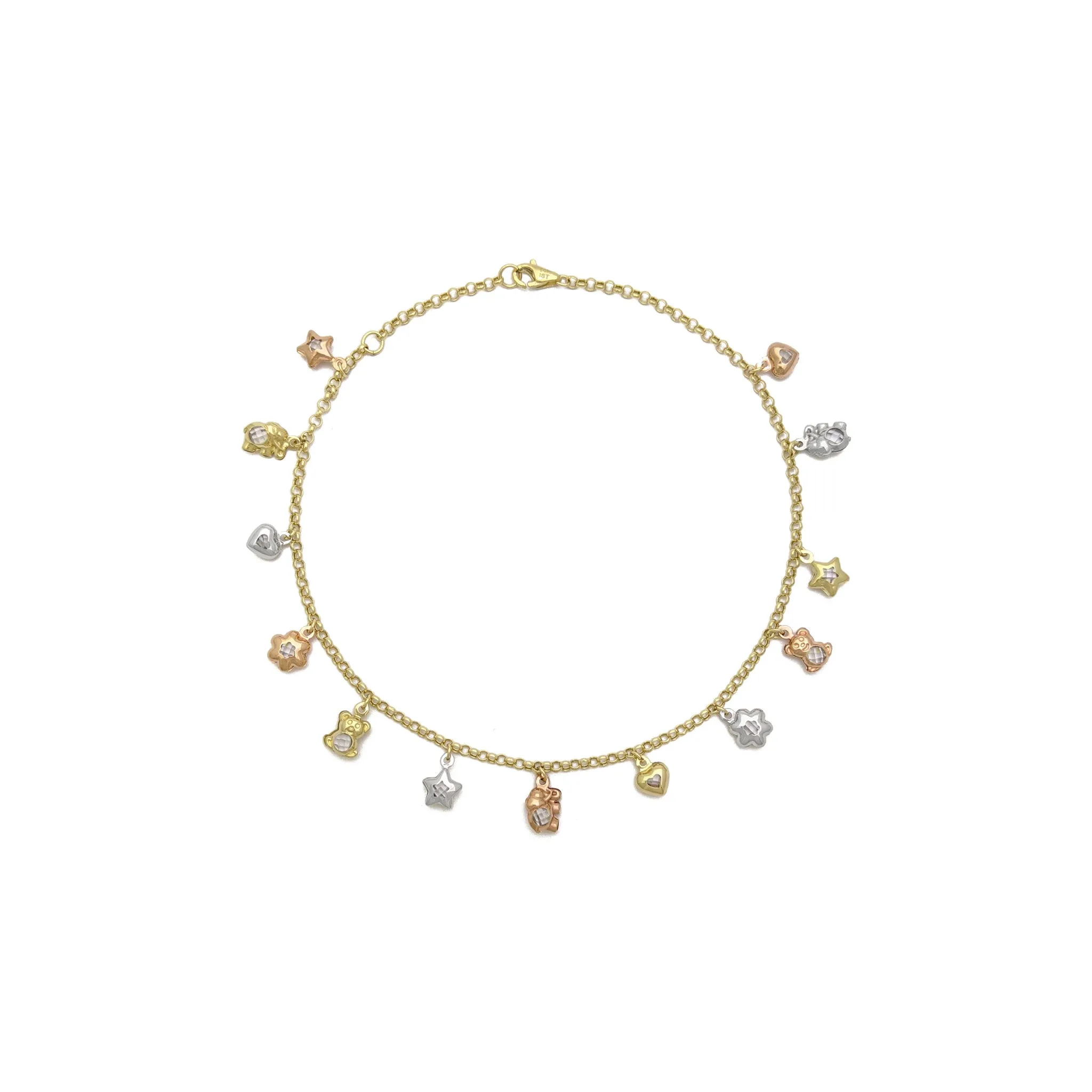 Tri-Color Lovely Charms Anklet (14K)