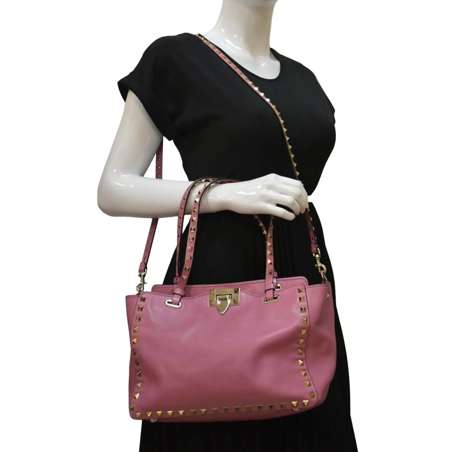 VALENTINO Trapeze Garavani Rockstud Leather Shopping Tote Bag Pink