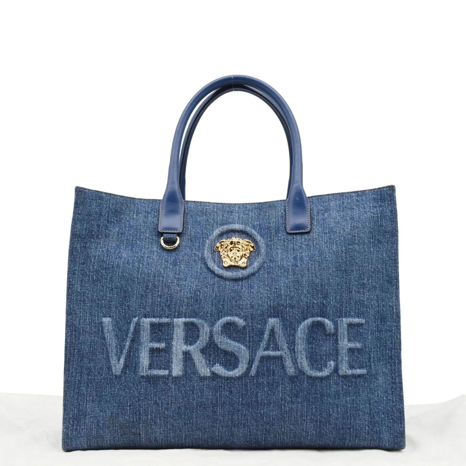 VERSACE La Medusa Large Denim Leather Tote Bag Blue