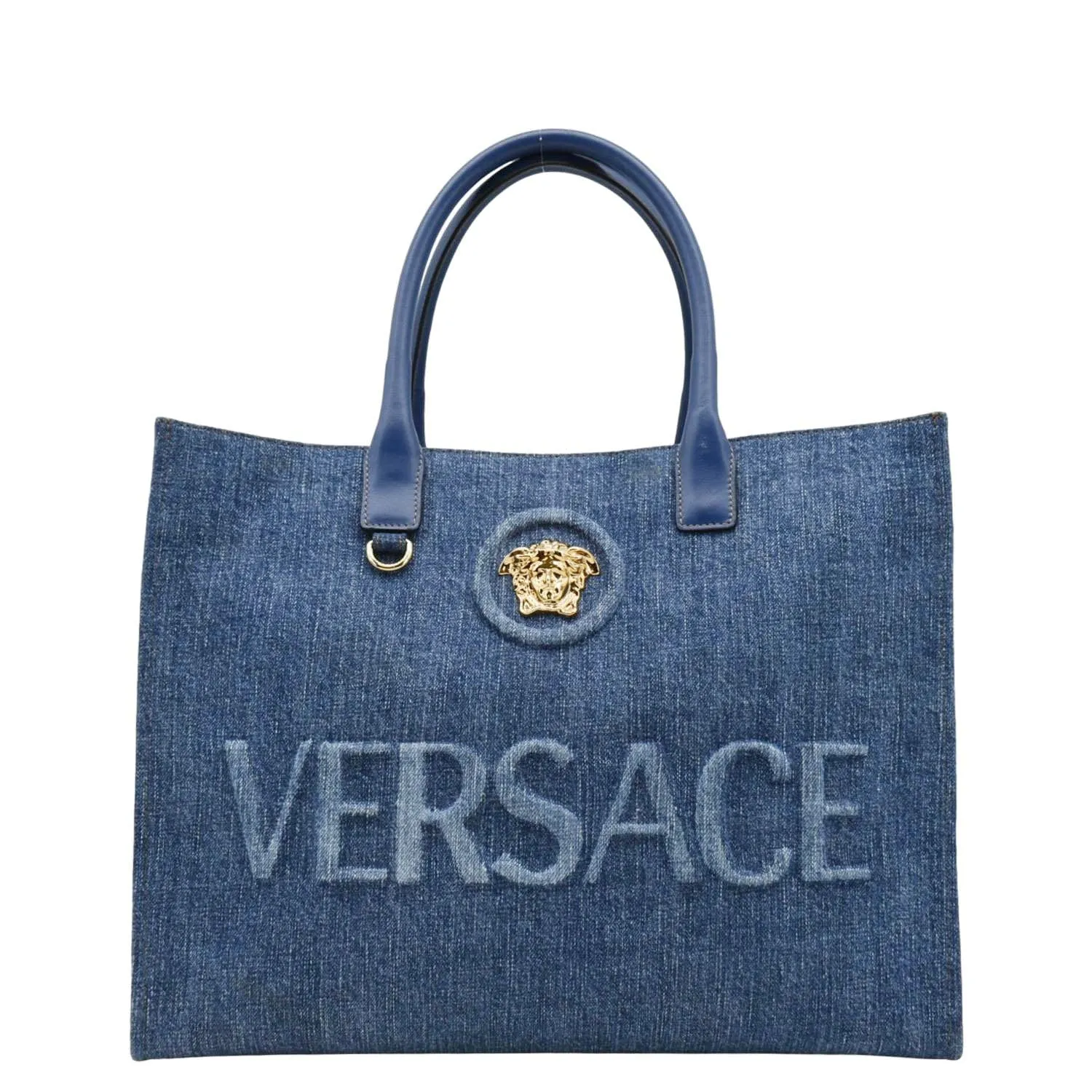 VERSACE La Medusa Large Denim Leather Tote Bag Blue