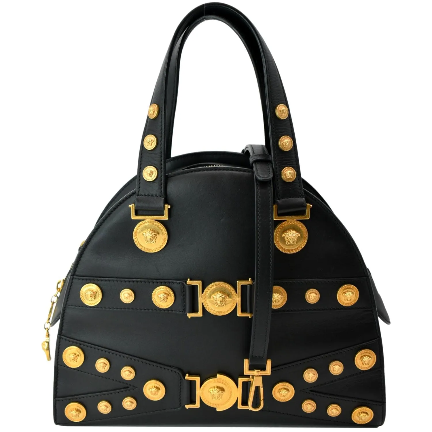 VERSACE Medallion Tribute Calfskin Leather Bowling Bag Black