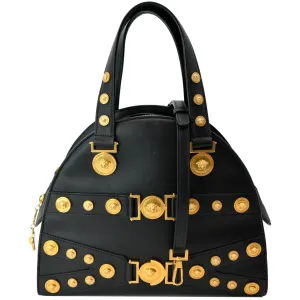 VERSACE Medallion Tribute Calfskin Leather Bowling Bag Black