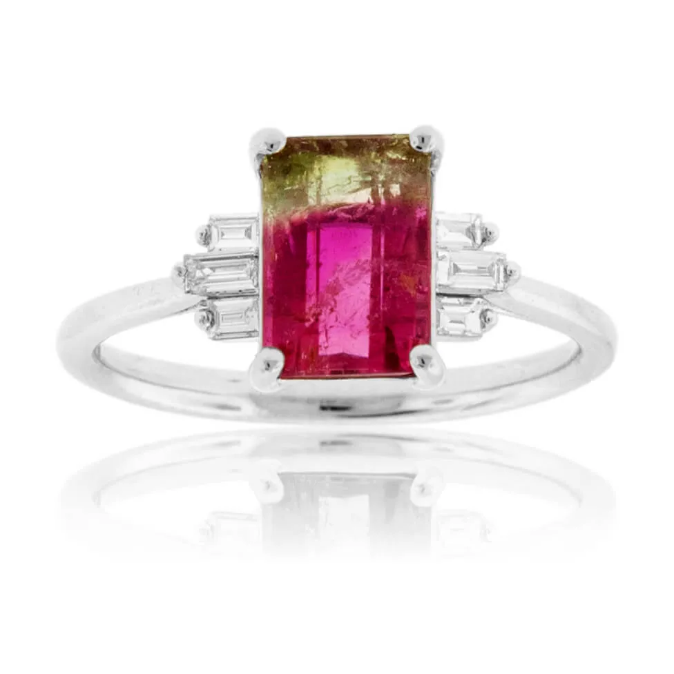 Watermelon Tourmaline & Diamond Baguette Ring