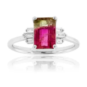 Watermelon Tourmaline & Diamond Baguette Ring