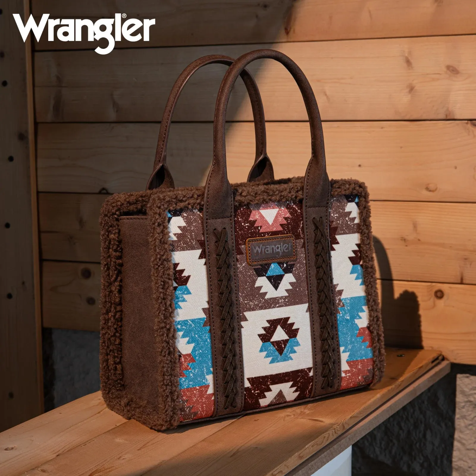 WG166-8120S Wrangler Sherpa Southwestern Print Small Canvas Tote/Crossbody Coffee