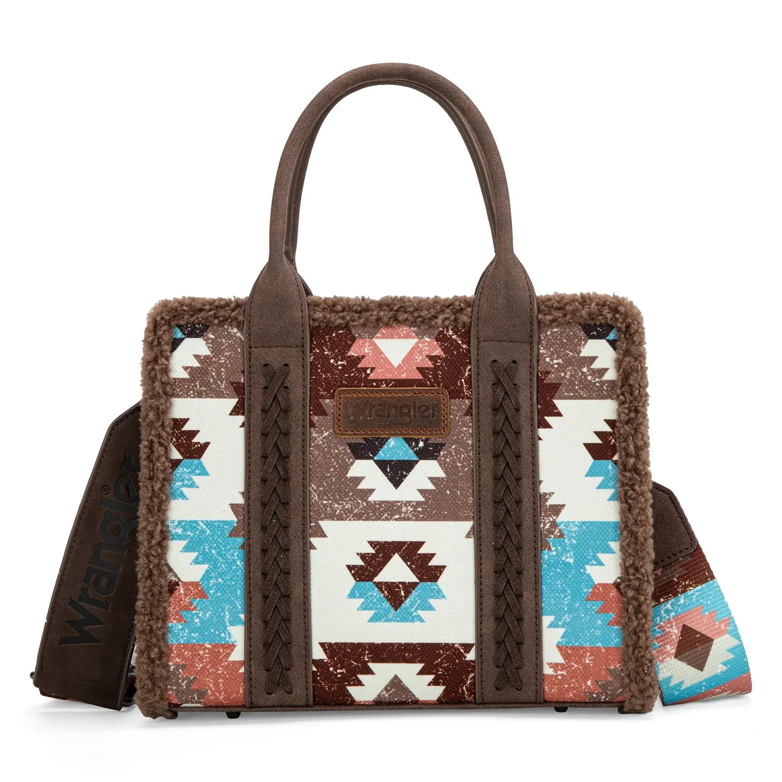 WG166-8120S Wrangler Sherpa Southwestern Print Small Canvas Tote/Crossbody Coffee