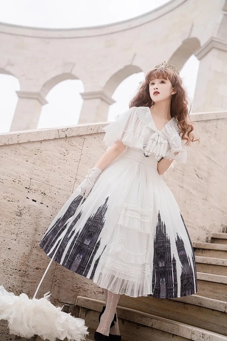 White Sleeveless Print Lace Gothic Vintage Princess Lolita Jsk Dress