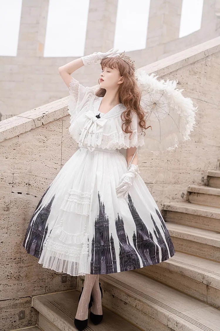 White Sleeveless Print Lace Gothic Vintage Princess Lolita Jsk Dress