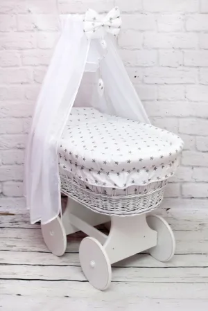 White Wicker Wheels Moses Basket Baby Full Bedding Set Grey stars on white