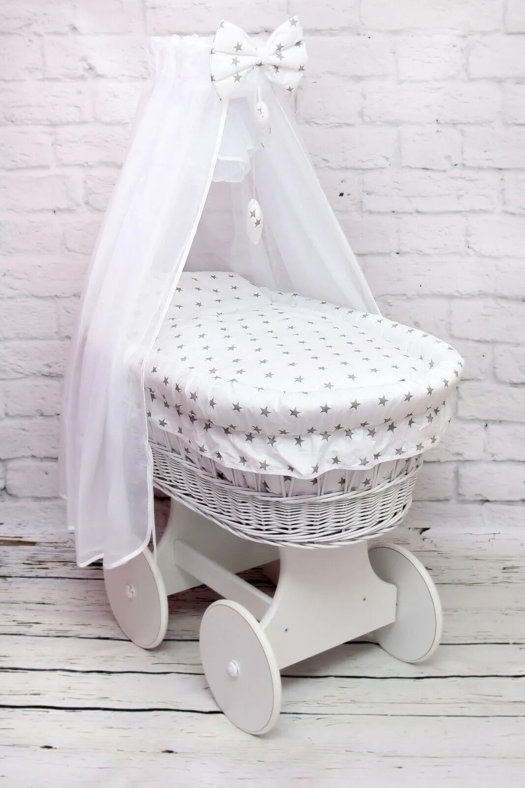 White Wicker Wheels Moses Basket Baby Full Bedding Set Grey stars on white