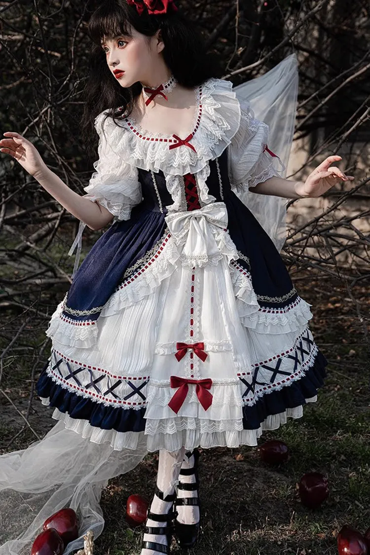 White/Blue Gorgeous White Snow Princess Half Sleeves Ruffle Sweet Lolita Tiered Dress