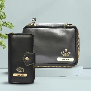Women's Combo - Mini Makeup Kit & zip around lady Wallet (Black)