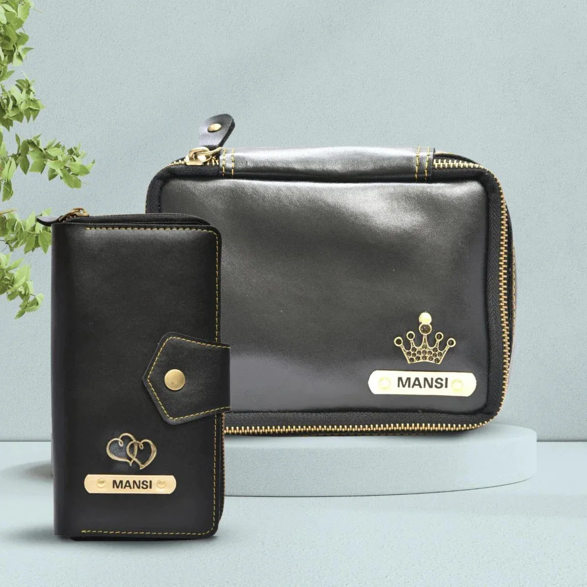 Women's Combo - Mini Makeup Kit & zip around lady Wallet (Black)