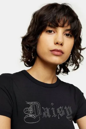 Women's Daisy Diamante T-Shirt, This short sleeve neat fitting t-shirt with 'daisy' diamante motif plays with glitz and slogans, Sz 4! Retails $60 