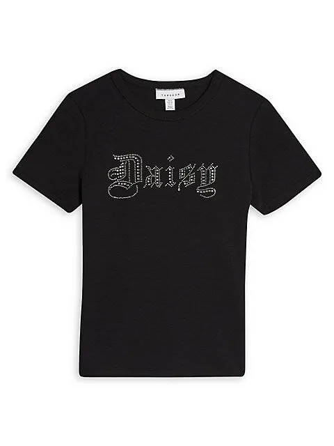 Women's Daisy Diamante T-Shirt, This short sleeve neat fitting t-shirt with 'daisy' diamante motif plays with glitz and slogans, Sz 4! Retails $60 